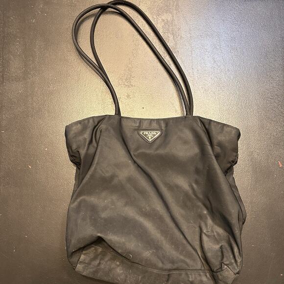 PRADA Handbags - PRADA Small Shoulder Tote Bag Vintage Black Tessuto Nylon Leather Zip-Top